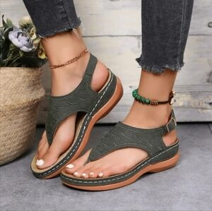 🌺 Olive Green Low-Wedge Women Sandals Casual Flat Shoes Flip Flops Anti-Slip